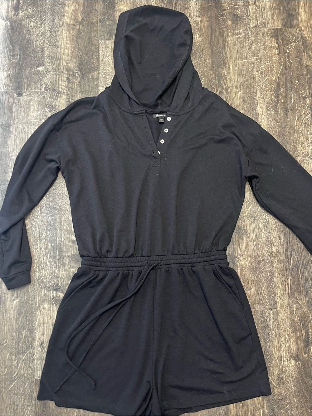 Versona Black Hooded Long-Sleeve Romper with Drawstring Waist